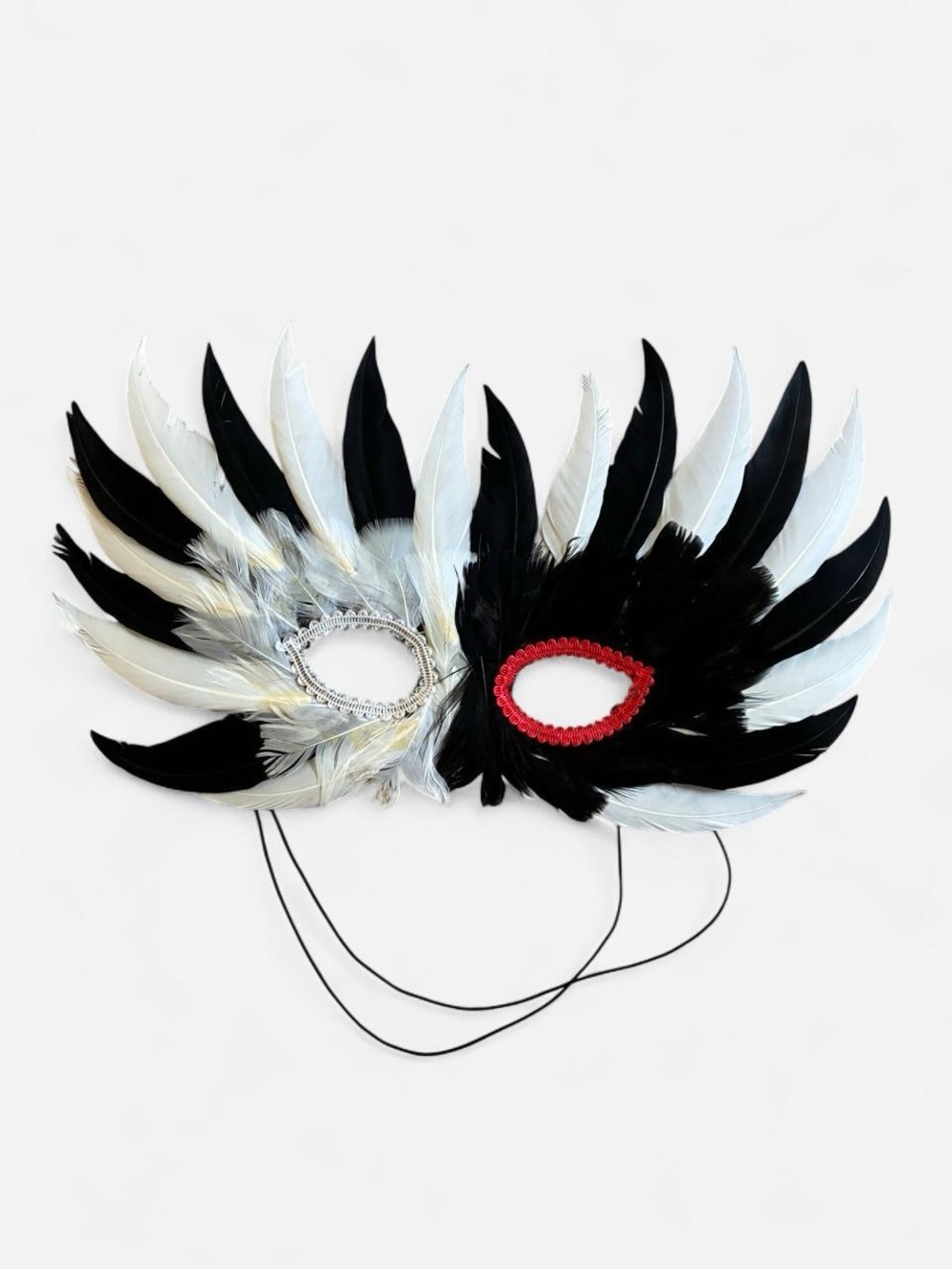 Feathered Black & White Masquerade Mask with Red Trim